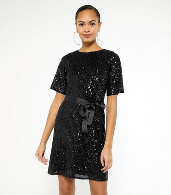 Black Sequin Belted Mini Dress | New Look